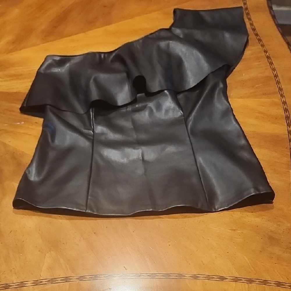 Black Faux Leather Ruffle Top